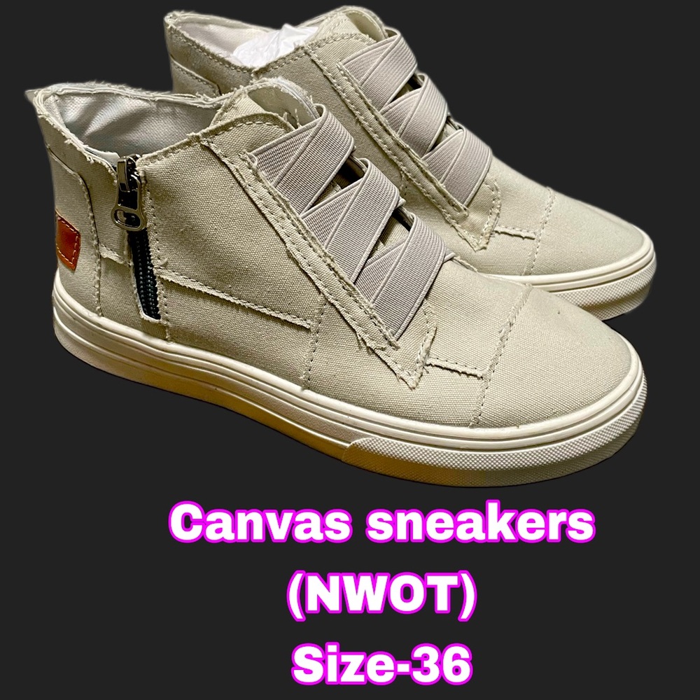 NEW EASY-ON/EASY-OFF Canvas sneakers off-white/khaki color (NWOT) - Picture 8 of 11